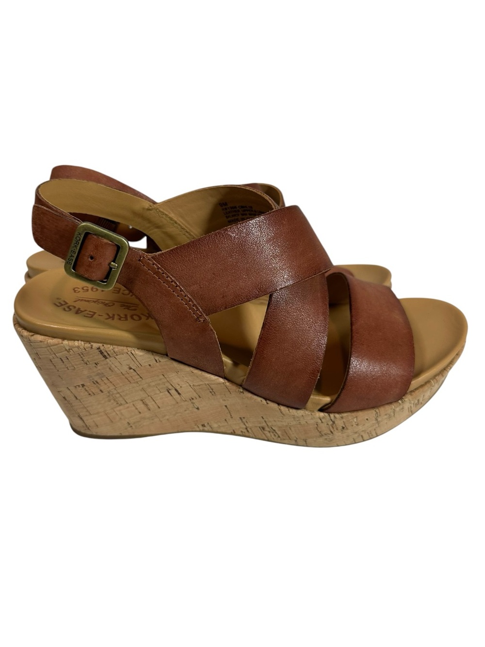 KORK-EASE Women's 9 Brown Leather Slingback Cross Strap Cork Wedge Sandals - Picture 4 of 8